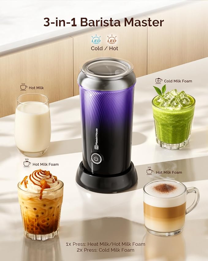 Maestri House Milk Frother, 3-in-1 Hot & Cold Mik Frothing Steamer, 8.12OZ/240ML Touch Control Foam Maker, Compact Space-saving Design for Latte, Cappuccino and Warm Milk