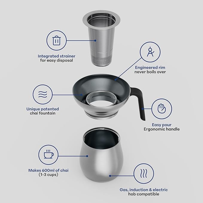 Loka Chai Maker for Authentic Masala Chai & Chai Latte | Easy Clean Stainless Steel Stovetop Tea Maker with Innovative Chai Fountain | Non-Stick Ceramic, 20oz (3 Cups) - (Stainless Steel Strainer)