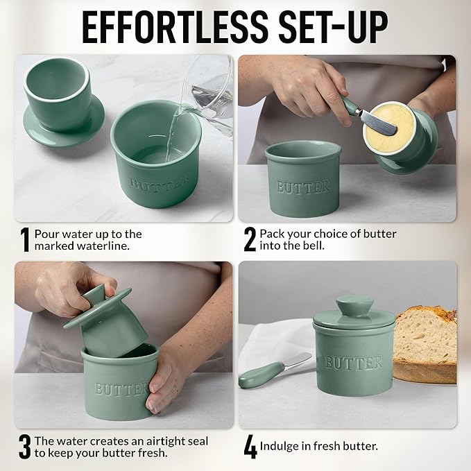 Zulay Kitchen Porcelain Butter Crock With Lid & Knife - Authentic French Butter Dish For Fresh & Spreadable Butter - Deep Sea