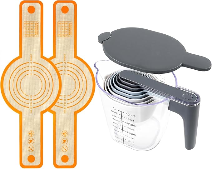 12-Piece Measuring Cups and Spoons Set with Stackable Measuring Cup, Lid, and 2 Orange Silicone Bread Slings, Unique Kitchen Gadgets for Baking and Cooking, BPA-Free, Dishwasher Safe