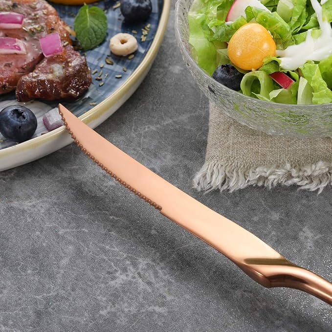 Lemeya Stainless Steel Rose Gold Steak Knives Set of 6,Forge Steak Knife,Serrated Steak Knives Set,6 Piece Heavy Steak Knives-10 inch,Mirror Polished,Dishwasher Safe