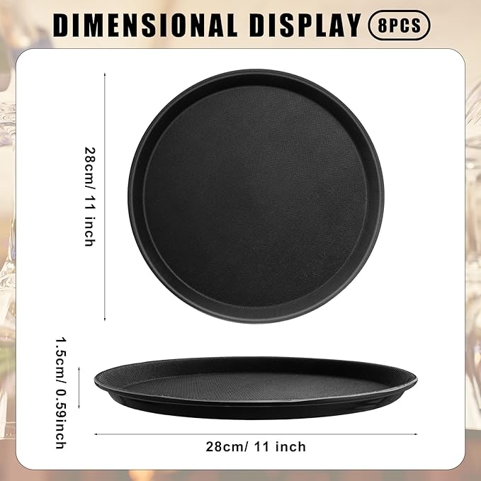 Zopeal 8 Pieces Black Round Restaurant Serving Tray, Plastic Non Slip Surface Food Meals Server Tray with Raised Edges for Home, Kitchen, Restaurant, Cafeteria, Bar (11")