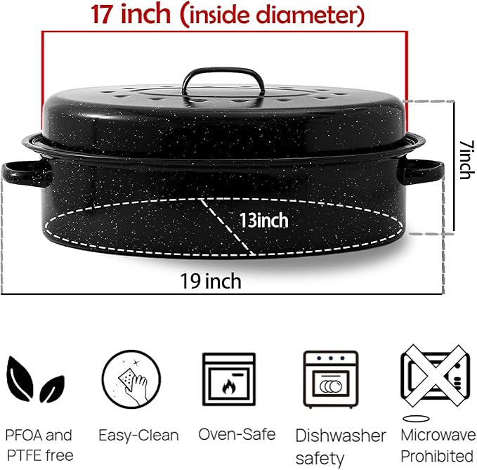 19” Turkey Roasting Pan Enamel Oval Granite Large Roaster Pan with Lid with 17in Inner Diameter Large Capacity Suitable for Thanksgiving Enamel Cook Ware Dishwasher Compatibility Oven Christmas Gift