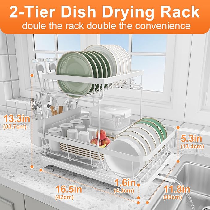 Dish Drying Rack - Auto Draining Dish Rack for Kitchen Counter, Large Capacity Dish Drainers Organizer with Drainboard, 2-Tier Drying Rack with Utensil Holder White