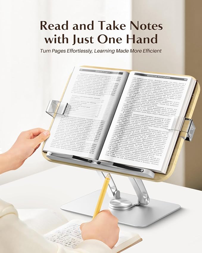 Book Stand for Reading,KVRG Adjustable Book Holder with 360° Rotating Metal Base,Foldable Cookbook Stand, Reading Hands Free with ABS Expandable Page Clips for Recipe,Textbook,Laptop-Oak