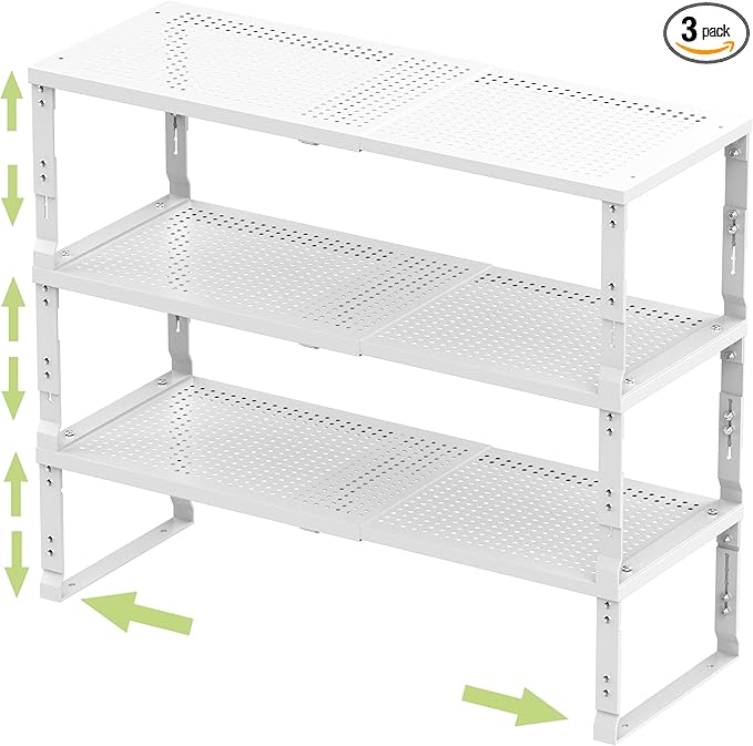 Adjustable Expanable Stackable Spice Rack Shelf Pantry Storage Organizer for Kitchen Cabinet,Countertop,Bathroom and More.Space is no Longer Limited(3Packs/White/Large)