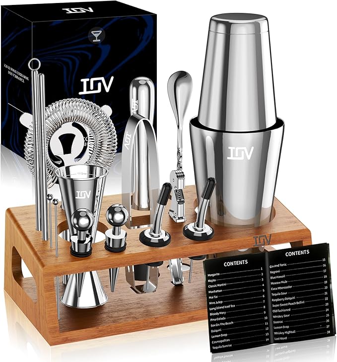 IOV Mixology Bartender Kit Bar Set with Stand | 17-Piece Cocktail Shaker Set | 28oz Boston Shaker Drink Mixer Set with All Essential Accessory Tools | Fun Housewarming Gift (Silver)