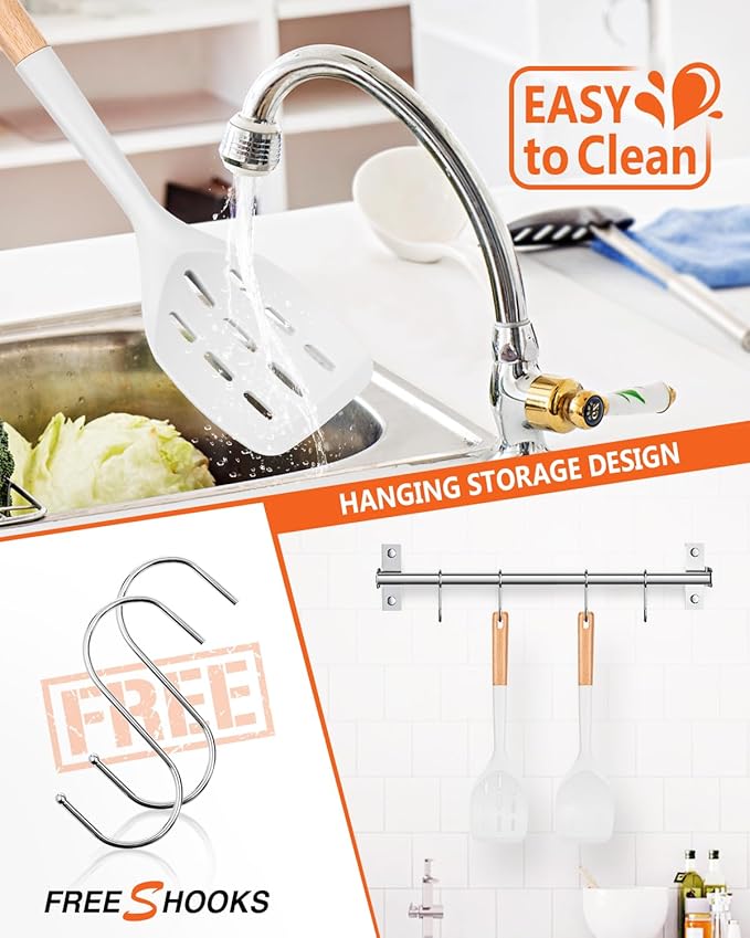 Pack of 2 Silicone Spatula, Non Stick Cooking Utensil Set Wooden Handle Kitchen Turner for Baking Mixing Grilling Serving Food Heat Resistant Non Scratch Hooks Included (White)