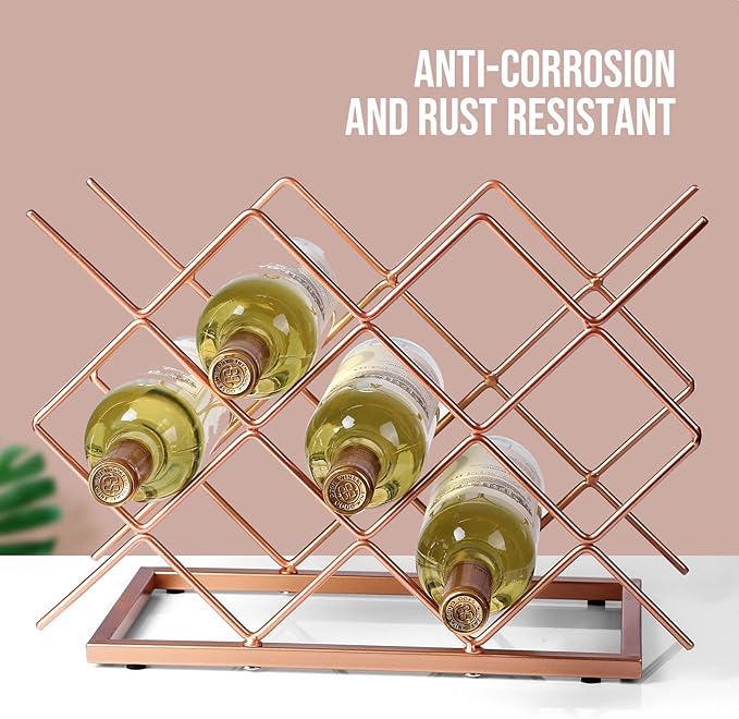Countertop Wine Rack - 10 Bottle Freestanding Modern Rose Gold Metal Small Wine Rack - Tabletop Wine Holder Stand for Cabinet, Pantry, Wine Bottle Storage…