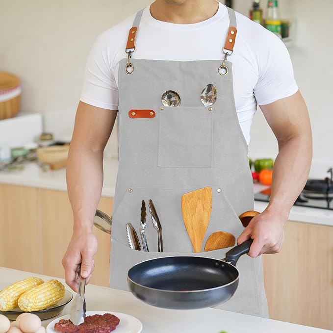 Canvas Aprons for Men Chef Apron, Work Apron with Large Pockets - 16oz Heavy Duty Cross Back, BBQ, Cooking