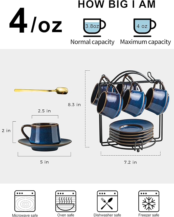 YHOSSEUN Espresso Cups Set of 6, 4 OZ Expresso Shots Cup Small Coffee Cup with Sacuers Metal Stand, Ceramic Espresso Cups for Cappuccino, Latte, Cafe Mocha and Tea, Blue