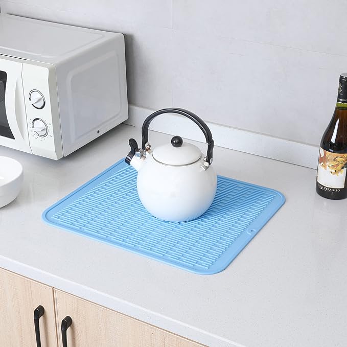 Silicone Dish Drying Mat for Multiple Usage,Easy clean,Eco-friendly,Heat-resistant Silicone Mat for Kitchen Counter or Sink,Refrigerator or Drawer Liner Light Blue 2XL 24 inches x 18 inches
