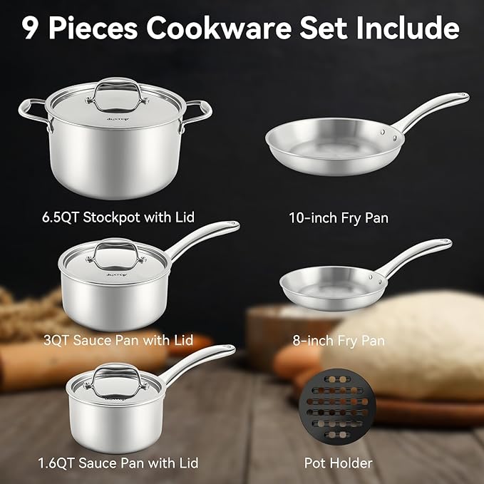 Duxtop Whole-Clad Tri-Ply Stainless Steel Induction Cookware Set, 9PC Kitchen Pots and Pans Set