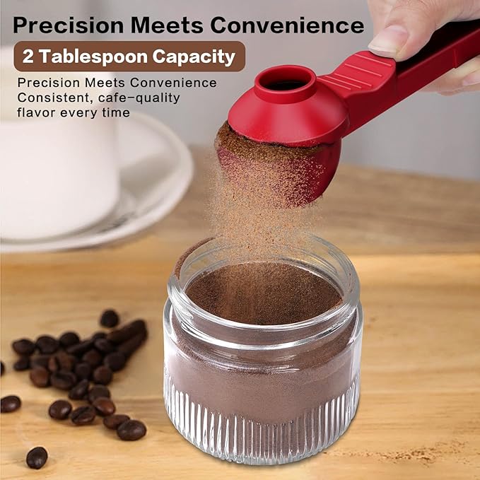 2-in-1 Coffee Scoop with Funnel, 2 Teaspoon Measuring Spoon for Reusable Pods, Ground Coffee, Protein Powder & Tea, Mess-Free Plastic Design (Red)