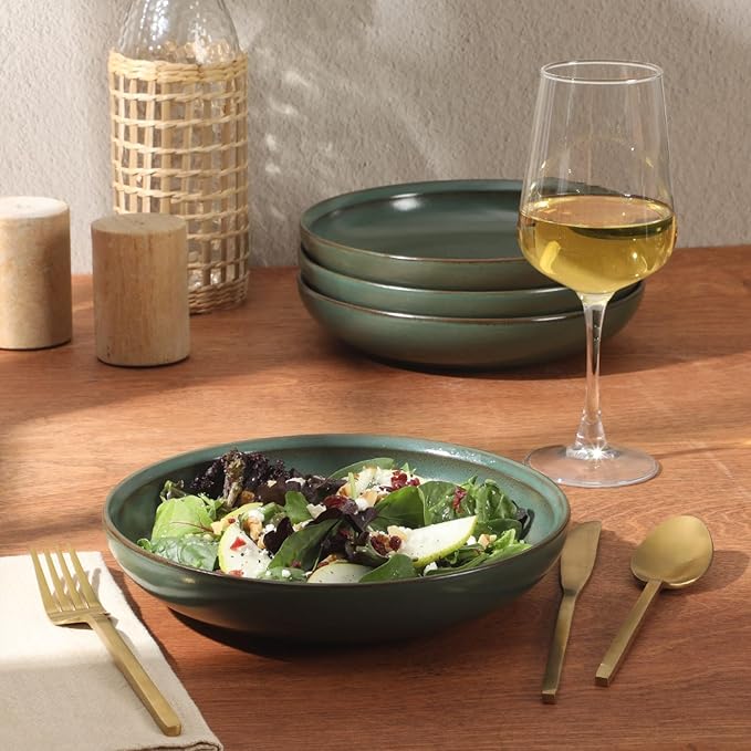 Gibson Elite Beckett 4-Piece 9 Inch Dinner Plate Bowl Set – Reactive Glaze Stoneware – Shallow Pasta Bowls – Wide-Rim Round Shape – Microwave & Dishwasher Safe - Green