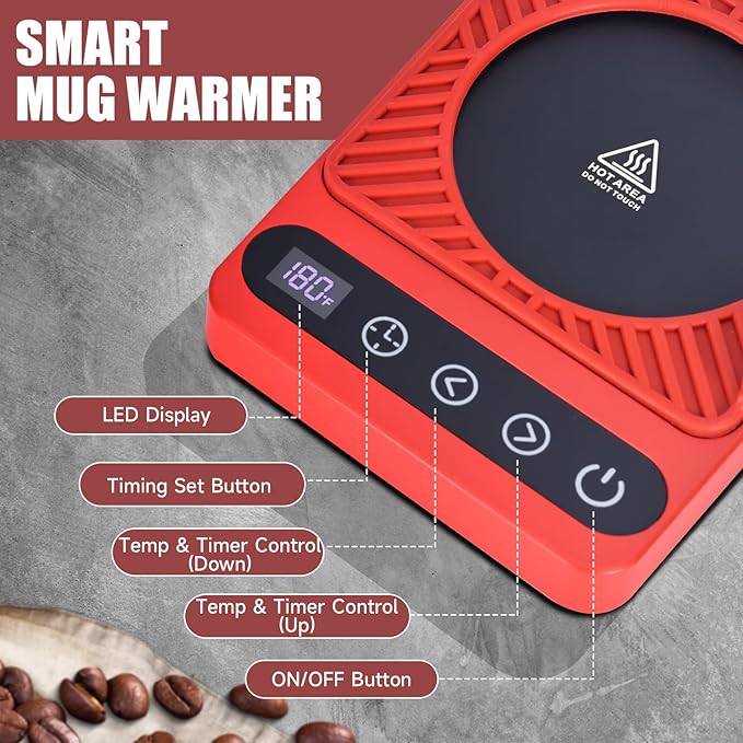 Mug Warmer - Electric Coffee Mug Warmer with Timer,Coffee Cup Warmer for Desk Auto Shut Off,Smart 6-Temperature Control, Coffee Accessories for Coffee Lovers Red