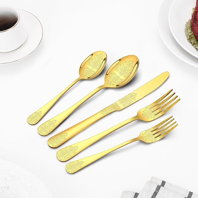 20 Pcs Gold Silverware Set for 4 with Classical Flower Embossed Design, Food Grade Stainless Steel Flatware Set, Eating Utensils Sets Include Fork/Knife/Spoon, Cutlery Set, Dishwasher Safe