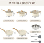11Pcs Nonstick Cookware Set, Aluminum Nonstick Pots and Pans with Lids & Wooden Handles, Silicone Spoons & Spatulas, Non-toxic Healthy Kitchen Cooking Sets, PFAS & PFOA Free