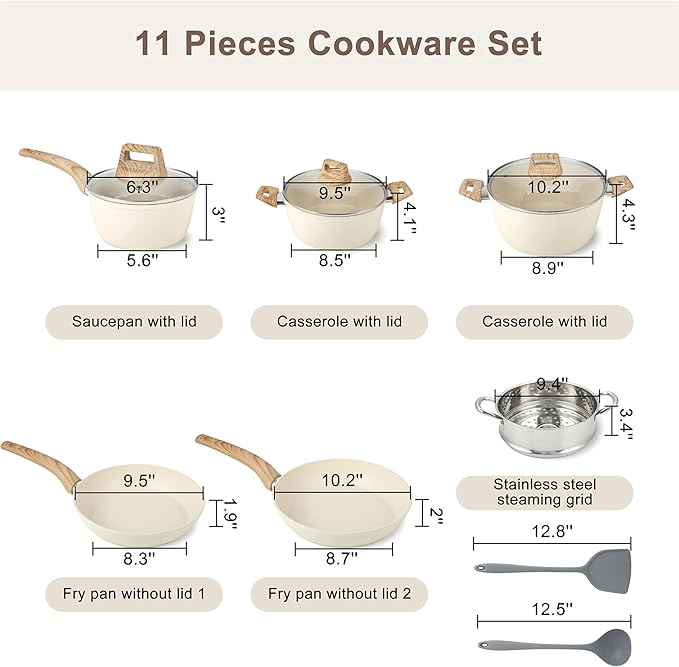11Pcs Nonstick Cookware Set, Aluminum Nonstick Pots and Pans with Lids & Wooden Handles, Silicone Spoons & Spatulas, Non-toxic Healthy Kitchen Cooking Sets, PFAS & PFOA Free
