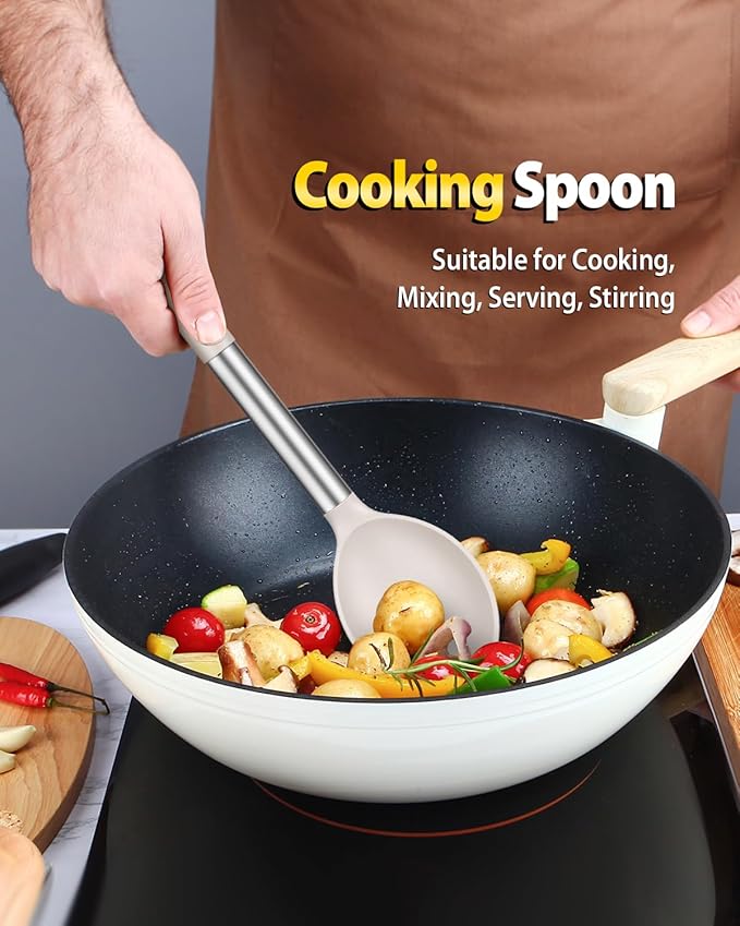 Silicone Pasta Fork and Cooking Spoon Set, Non Stick Kitchen Utensils for Cooking,Stirring,Serving Spaghetti, Soup, Sauce (KHAKI)