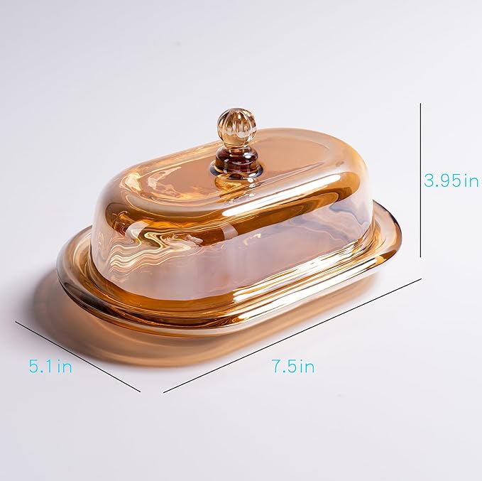 Champagne Color Glass Butter Dish with Lid, Covered Butter Stick Holder Tray, Large Crystal Glass Butter Storage Container for Kitchen Countertop