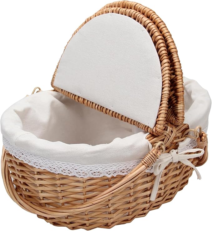 Wicker Picnic Basket with Removable White Lace Liner - 15x11.5x7 Inch Outdoor Picnic Hamper, Foldable Handles & Lockable Lid, Portable Picnic Tote Basket for 4 Person