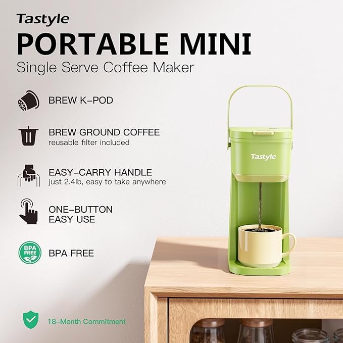 Single Serve One Cup Coffee Maker, for K Cups and Grounds, Mini Coffee Maker with Portable Handle, 6 to 12 Oz Brew Size, for Travel, Camping, Office, RV and Dorm, 120V, Lime Green