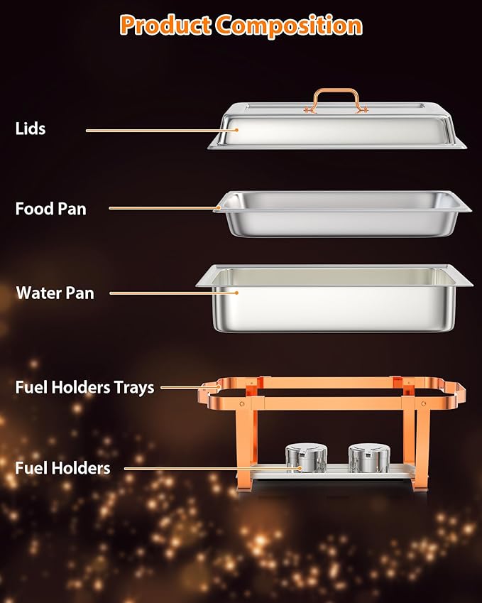 GarveeHome Chafing Dish Buffet Set, 8QT 2 Pack, Rectangle Chafing Dishes for Buffet w/Lid Holder, Stainless Steel Chafer Food Warmers Servers for Kitchen Party Banquet Dining, Rose Gold