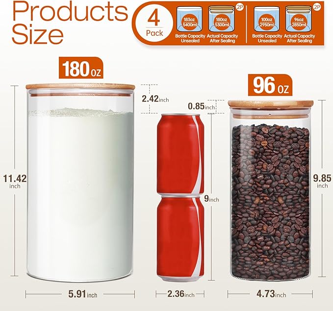 Large Glass Flour and Sugar Containers 180oz x2 & 93oz x2 [Set of 4], Glass Food Storage Containers with Bamboo Lids, Glass Jar with Airtight Lid for Spaghetti Pasta,Rice,Cereal,Coffee, Oat