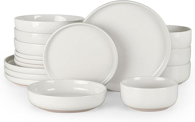 HaWare 16-Piece Plates and Bowls Set for 4, Stoneware Dinnerware Sets with Pasta Bowl, Dishes Set for Home Restaurant, Speckled Milky White