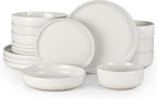 HaWare 16-Piece Plates and Bowls Set for 4, Stoneware Dinnerware Sets with Pasta Bowl, Dishes Set for Home Restaurant, Speckled Milky White