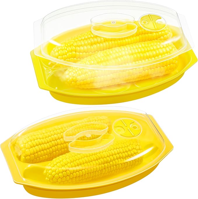 2 Pcs Microwave Corn Steamer with Lid for Frozen Corn Broccolini Vegetables on The Cob, Fast & Easy, 2 Pcs at Once, Vented Lid, Dishwasher Safe, Microwave Dishes Steamer Kitchen Tool (Yellow)