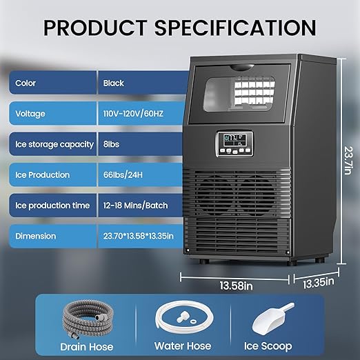 COWSAR Commercial Ice Maker Machine, 66Lbs/24H Stainless Steel Undercounter Ice Maker with 8Lbs Storage Capacity, Self-Cleaning Freestanding Ice Machine for Home, Bar, Restaurant, Office, Outdoor