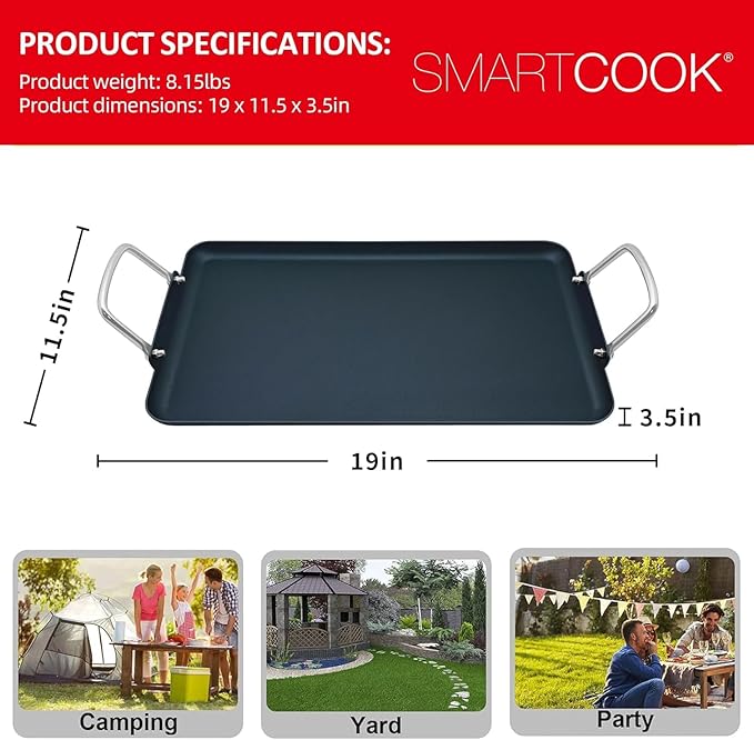 19inch Nonstick Double Griddle Pan, Comales para Tortillas Griddle Pan Burner Skillet with Handles for Stove Top - Coating & Heat Resistant for Frying, Searing, Grilling, Browning