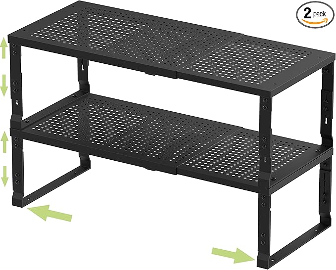 Adjustable Expanable Stackable Spice Rack Shelf Pantry Storage Organizer for Kitchen Cabinet,Countertop,Bathroom and More.Space is no Longer Limited(2Packs/Black/Large)