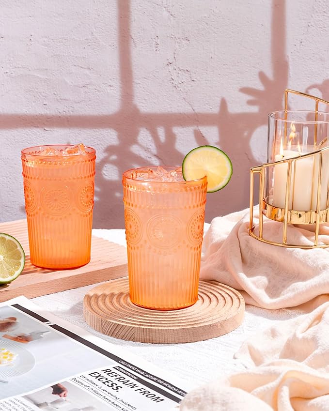 Ciaell 12 Pack Romantic Plastic Water Glasses - 14 Oz Amber Vintage Drinking Glasses, Embossed Ribbed Plastic Cups, Textured Striped Set for Juice, Beverages, Beer, Cocktai & Thanksgiving