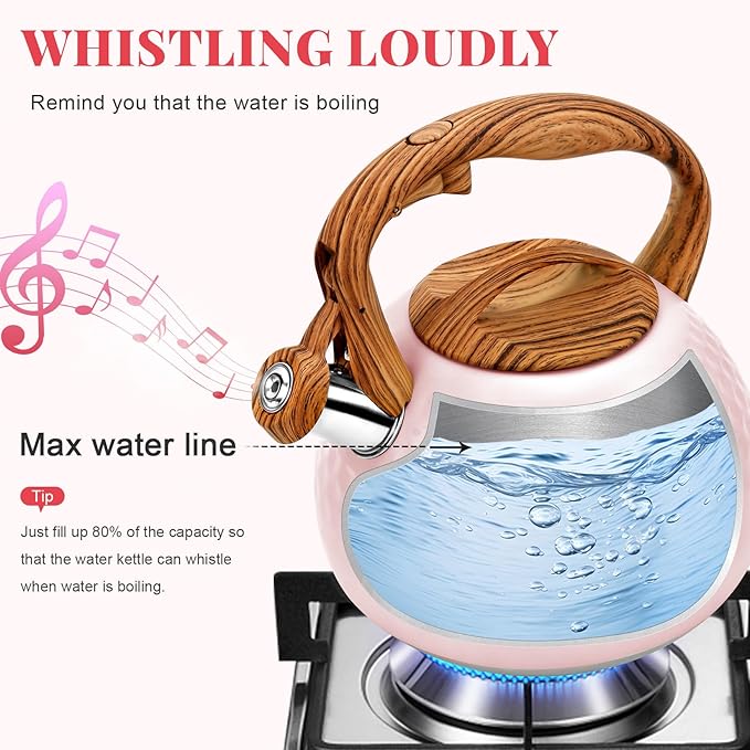 GGC Tea Kettle for Stove Top, Loud Whistling Kettle for Boiling Water Coffee or Milk, 3.1 Quart 3L Heavy Stainless Steel Pink Kettles with Wood Pattern Handle, Unique Button Control Kettle Outle