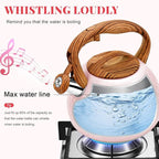 GGC Tea Kettle for Stove Top, Loud Whistling Kettle for Boiling Water Coffee or Milk, 3.1 Quart 3L Heavy Stainless Steel Pink Kettles with Wood Pattern Handle, Unique Button Control Kettle Outle