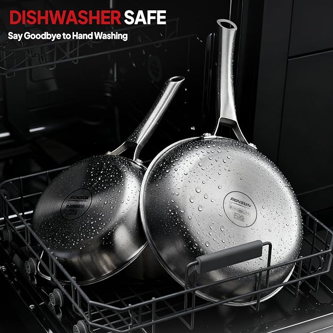 ROVSUN 10-Pcs Stainless Steel Cookware Set, Tri-Ply Pots and Pans Set, Non-Toxic Kitchen Set, PFOA & PTFE Free, Full Clad Frying Pans, Saucepans, Saute Pan & Stock Pot, Compatible for All Cooktops