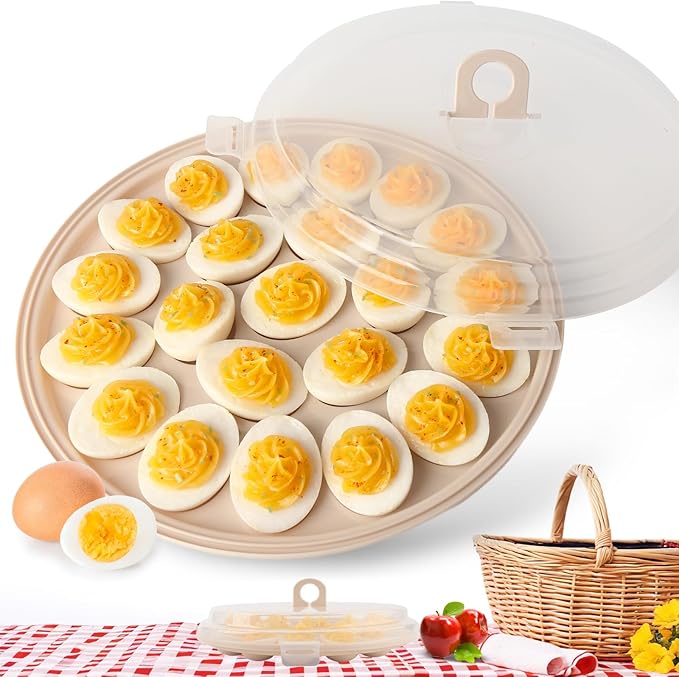 HAKSEN Deviled Egg Containers with Lid, Portable Deviled Egg Platter Carrier Holder Trays with 22 Slots for Holiday Party and Home Kitchen, Brown