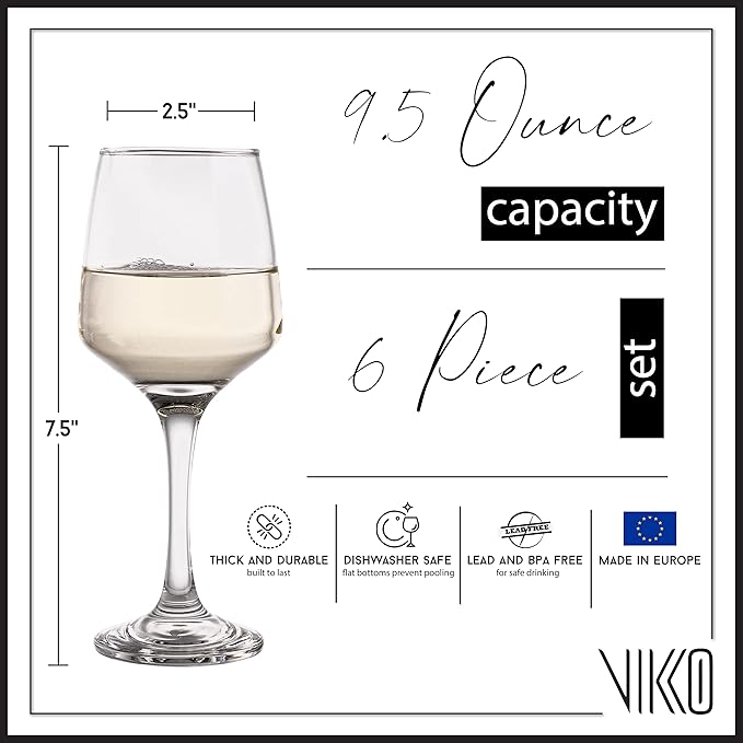 Vikko 9.5 Ounce Wine Glasses | Beautifully Shaped – Thick and Durable Construction – For Parties, Entertaining, and Everyday Use – Dishwasher Safe – Set of 6 Clear Glass Wine Glasses – 2.4” Diameter x