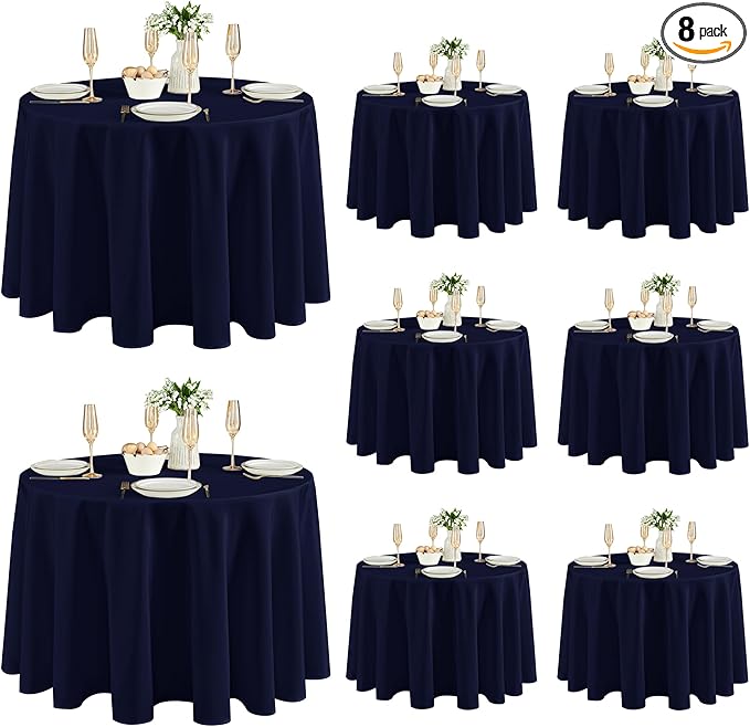 Fitable 8 Pack Round Tablecloths: Stain Resistant Wrinkle Free Circle Table Clothes, Washable Reusable Polyester Table Covers for Wedding Party Birthday Banquet Reception(Navy, 120 Inch)
