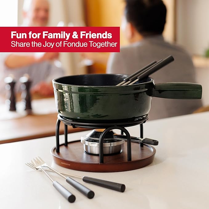 Swissmar Ticino Cast Iron Fondue Set with Enameled Interior, 2L / 2 QT – 9-Piece Cheese & Chocolate Fondue Pot with Forks, Burner & Beechwood Base – Perfect for Family Gatherings & Gift Giving – Green