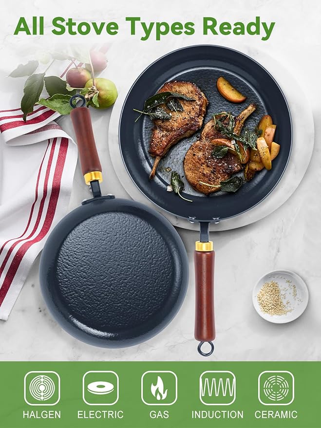 Nonstick Frying Pan, 9.5-Inch Enameled Carbon Steel Pan, Stay-Cool Wooden Handle Stir-Fry Pan, Non Toxic, PTFE & PFOA Free Oven-Safe, Season-Free Carbon Steel Skillet For All Stovetops