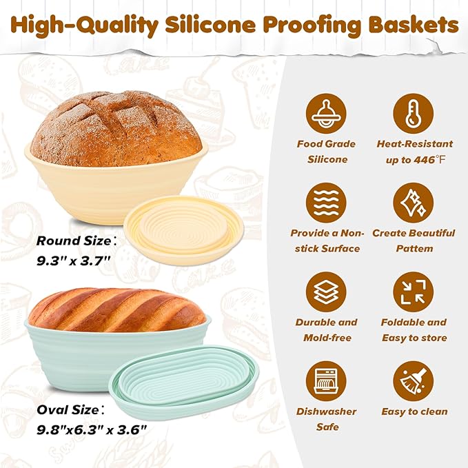 HK Sourdough Starter Kit, Sourdough Bread Baking Supplies with 9'' Round Banneton Bread Proofing Basket, 34oz Sourdough Starter Jar, Bread Lame, Dough Scraper, Dough Whisk & Silicone Baking Mats