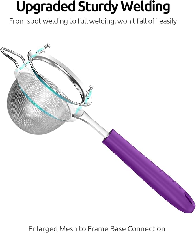 U-Taste Small Fine Mesh Strainer: 18/8 Stainless Steel 3.35in 30 Mesh Kitchen Food Sieve with Sturdy Riveted Silicone Handle, Heavy Duty Deep Handheld Metal Colander for Tea, Juice (Purple)