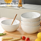 24 OZ Large Soup Bowls Set of 4, Farmhouse Embossment Ceramic Cereal Bowls for Salad, Serving, Fruit, Snack, Noodle, Ramen, Pho, Microwave & Dishwasher Safe, 6 Inch White