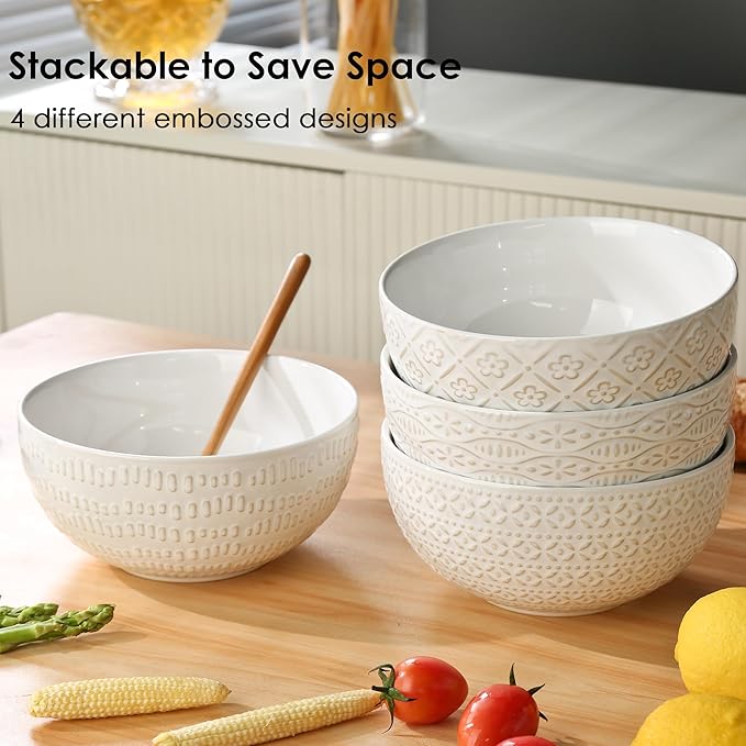 24 OZ Large Soup Bowls Set of 4, Farmhouse Embossment Ceramic Cereal Bowls for Salad, Serving, Fruit, Snack, Noodle, Ramen, Pho, Microwave & Dishwasher Safe, 6 Inch White
