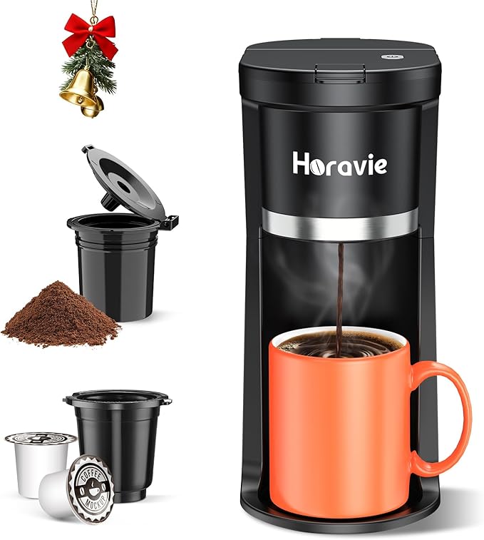 Small Single Serve Coffee Maker, Fast Brew One Cup Coffee Machine for K Cup and Grounds, 6 to 12 oz. Brew Sizes, Capsule Coffee Machine with Descaling Reminder and Viewing Tank, Black