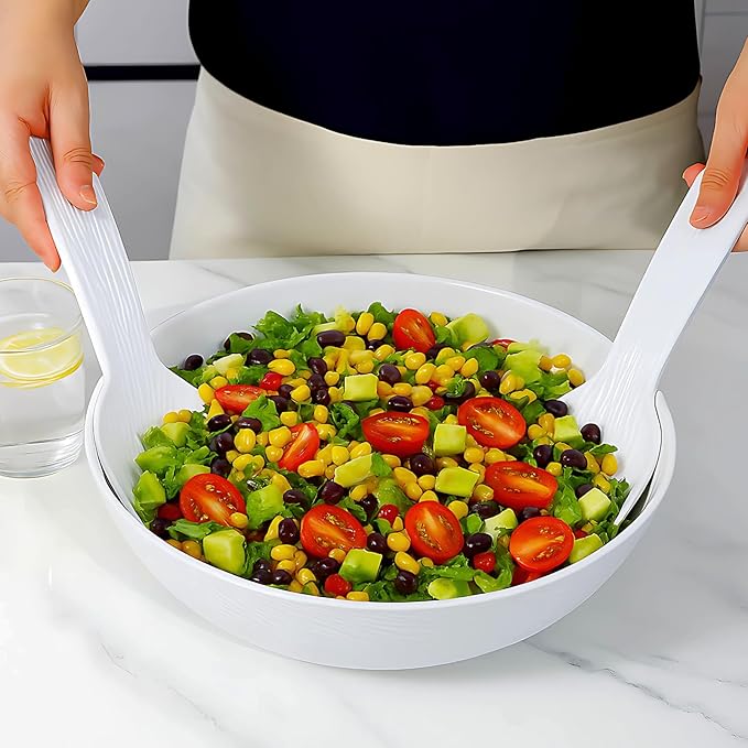 TP Melamine Salad Bowl with Utensils, 12-Inch Large Serving Bowl for Fruits Snacks Pasta, White